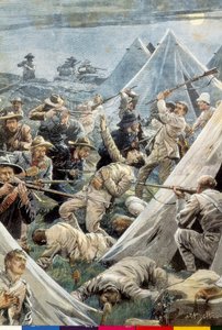 Sudafrica. Seconda guerra boera. Attacco al campo inglese di Tweefontein (1902). Illustrazione di Achille Beltrame. Incisione.