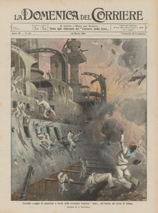 Terribile scoppio di munizioni a bordo della corazzata francese Jena nel bacino del porto di Tolone da Achille Beltrame