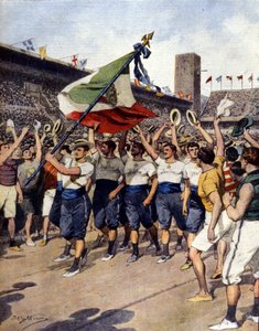 I Giochi Olimpici di Stoccolma del 1912: la squadra italiana di ginnastica vincitrice. Illustrazione di A. Beltrame. La Domenica del Corriere da Achille Beltrame