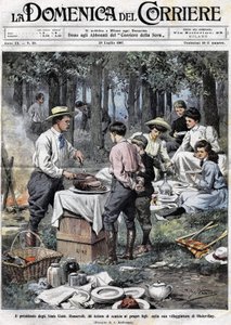Il presidente degli Stati Uniti Theodore Roosevelt (1858 - 1919) insegnava ai suoi figli i doveri di un uomo di buona società tagliandosi una gamba durante un picnic nella sua seconda residenza a Oister Bay. Illustrazione di Achille Beltrame. La Domenica d da Achille Beltrame