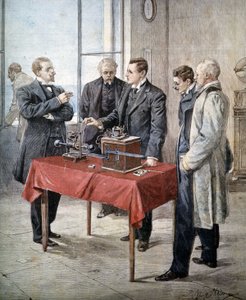 Le esperienze di Guglielmo Marconi (1874 - 1937) nel 1899: Telegrafia senza fili attraverso il Canale. Illustrazione di Achille Beltrame in "Domenica del Corriere"