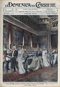 La coppia reale, Vittorio Emanuele III (1869-1947) e sua moglie Elena del Montenegro seguiti dal principe Umberto II e Maria José vanno alla Cappella Paolina. Illustrazione di Achille Beltrame in 