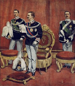 Il giuramento del re Vittorio Emanuele III nella Camera del Senato a Roma, di Achille Beltrame, da La Domenica del Corriere
