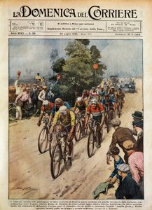 Tour de France, Learco Guerra (1902-1963) in testa al gruppo, illustrazione di Achille Beltrame (1871-1945) da La Domenica del Corriere, 20 luglio