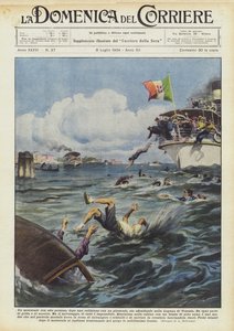 Un motoscafo con otto persone, dopo una collisione con un piroscafo, sta affondando nella Laguna di Venezia da Achille Beltrame