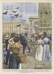 Una lanciata di piccioni viaggiatori dalla piazza del Palazzo Reale, a Milano da Achille Beltrame