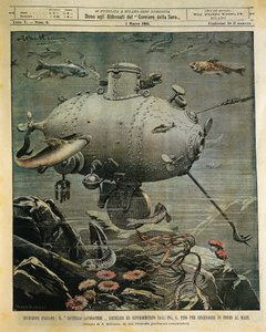Vascello sottomarino per esplorare il fondale marino, illustrazione di Achille Beltrame, da La Domenica del Corriere, 1 marzo da Achille Beltrame