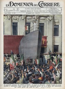 Visita del duca Benito Mussolini a Messina durante un viaggio in Sicilia. Illustrazione di Achille Beltrame in 