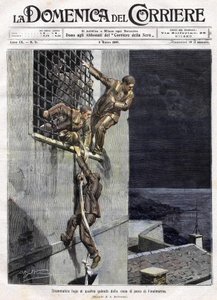 fuga di tre prigionieri dalla prigione di Finalmarina in Italia nel 1907. Illustrazione di Achille Beltrame per la Domenica del Corriere del 3 marzo