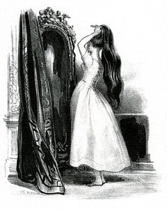 Madame Bovary, per il romanzo di Gustave Flaubert - Emma Bovary raccoglie i suoi lunghi capelli davanti allo specchio da Achille Devéria