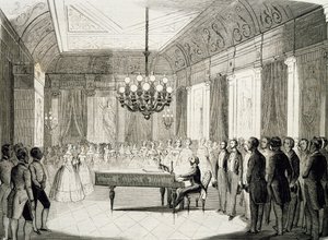 Serata musicale con pianoforte, di Achille Deveria (1800-1857), incisione, Francia