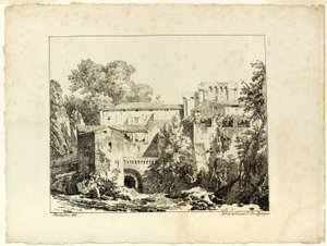 Paesaggio con rovine e viadotto da Achille Etna Michallon