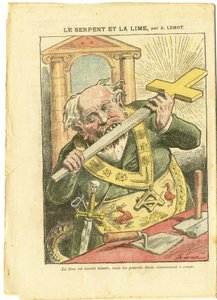 Illustrazione di Achille Lemot (1846-1909) in Le Pelerin, 23/05/09 - Il Serpente e il Lime - Antimassoneria, Religione Fede, Croce Cristiana, Favole di La Fontaine e altri, Cattolicesimo - Laicizzazione - Serpenti - Animalizzazione da Achille Lemot