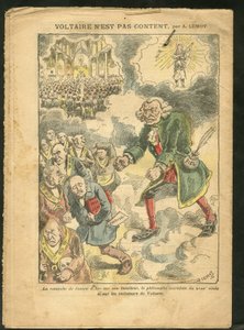 Illustrazione di Achille Lemot in Le Pelerin, 25/04/09 - Voltaire non è contento - Antimassoneria, Religione Fede, Cattolicesimo - Laicizzazione, Leggi laiche - Voltaire, Giovanna d