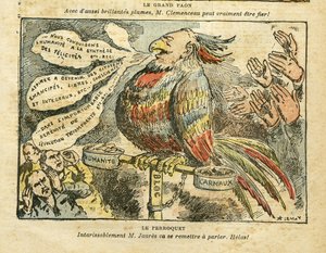 Illustrazione di Achille Lemot (1846-1909) in Le Pelerin, 26/01/08 - Il grande pavone - Sciopero, Socialismo, Carmaux, Umanità (giornale) - Jaures Jean, Parrocchetto