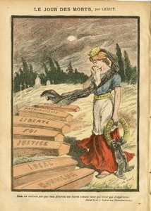 Illustrazione di Achille Lemot (1846-1909) in Le Pelerin, 03/11/07 - Il Giorno dei Morti - Giustizia Processo, Religione Fede, Libertà, Francia, Bandiera tricolore, Patriottismo, Lutto Funerale, Onore, Bara - Marianne - Morte, Metafora religiosa