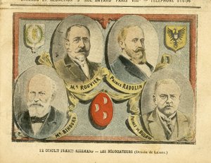Illustrazione di Achille Lemot in Le Pelerin, 09/07/05 - Il conflitto franco-tedesco i negoziatori - Colonizzazione Colonialismo Colonie, Germania Prussia, Marocco, Francia, Tangeri - Rouvier Maurice, Bulow Bernhard von, Rad da Achille Lemot