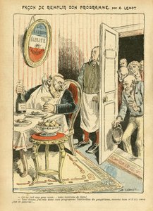 Illustrazione di Achille Lemot in Le Pelerin, 23/07/05 - Come realizzare il suo programma - Sociale, Miseria, Gastronomia cucina, Socialismo - Jaures Jean, Deputato, Homemans - Metafora del cibo, Opposizione/Associazione