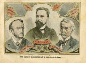 Illustrazione di Achille Lemot in Le Pelerin, 23/10/04 - Tre radicali scomunicati dal Bloc - Finanze del Bilancio, Presidente della Repubblica, Marina Marittima Nautica Balneare, Bloc delle sinistre, Indocina, Opere pubbliche - Doumer Paul da Achille Lemot