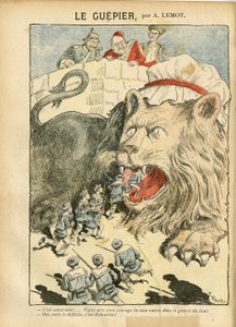 Illustrazione di Achille Lemot (1846-1909) in Le Pelerin, 25/08/07 - Le Guepier - Guerra, Germania Prussia, Inghilterra Gran Bretagna, Spagna, Marina Marittima - Leone/Tigre