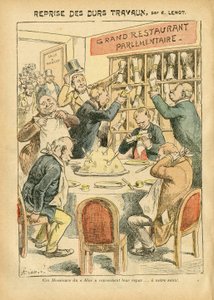 Illustrazione di Achille Lemot in Le Pelerin, 27/10/07 - Ripresa del duro lavoro - Antiparlamentarismo, Ristoranti Caffè, Emiciclo della Camera dei Deputati, Bloc des lefts, Plate au beurre - Deputato - Metafora alimentare da Achille Lemot