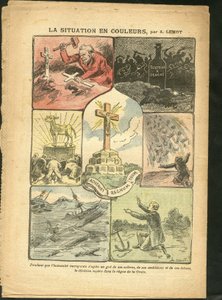 Illustrazione di Achille Lemot (1846-1909) in Le Pelerin, 28/02/09 - La situazione a colori - Religione Fede, Marina Marittima, Ateismo, Disastri Naturali, Croce Cristiana, Cattolicesimo - Vitello d