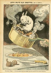 Illustrazione di Achille Lemot (1846-1909) in Le Pelerin, 29/01/05 - Coniglio in umido con carote - Affaire des fiche, Gastronomia cucina - Combes Emile (1835-1921), Coniglio - Pentola - Metafora alimentare, Animalizzazione da Achille Lemot