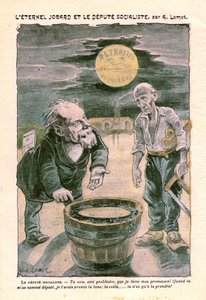 Deputato socialista promette la luna (pensione) a un povero proletario (falegname), in Le Pelerin, settimanale cattolico N°1391 del 30 agosto 1903 di A. Lemot (disegno) da Achille Lemot