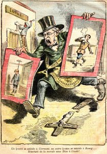 I risultati: un liceale suicida a Clermont, un altro a Bourg: risultati della moralità senza Dio a scuola! - Caricatura di Achille Lemot in Le Pelerin (1909) - opposizione tra insegnamento laico e religioso (cattolico) - un funzionario della Repubblica da Achille Lemot