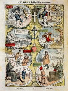 Le due scuole: caricatura sulle differenze tra la scuola confessionale e la scuola laica - di Lemot, in "Le Pelerin" del 04/04/1909 da Achille Lemot