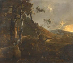 Paesaggio boscoso con un pastore su un sentiero e una capra solitaria da Adam Pynacker