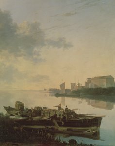Una chiatta di legno sul fiume al tramonto da Adam Pynacker
