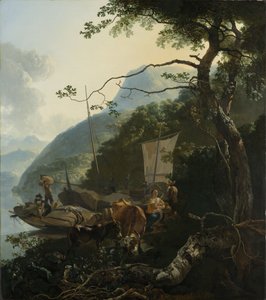 Barcaioli ormeggiati sulla riva di un lago italiano da Adam Pynacker