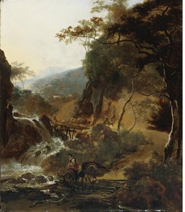 Paesaggio montano in stile italiano con pastori e bestiame presso una cascata