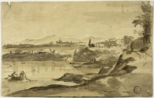 Paesaggio con pescatore nel lago da Adam Pynacker