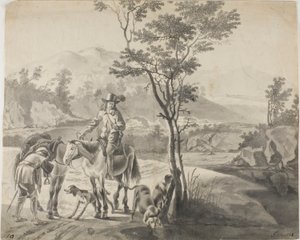 Cavalieri e cani in un paesaggio roccioso da Adam Pynacker