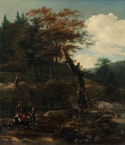 Paesaggio boscoso con viaggiatori
