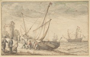 Pescatori che tirano la loro barca a riva
