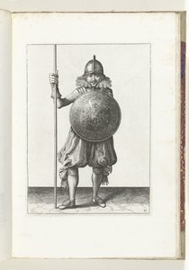 Esercizio con scudo e lancia: il soldato riporta la lancia in posizione di riposo in tre tempi, terzo movimento (n. 12), 1618 da Adam van Breen