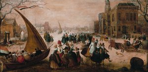 Paesaggio invernale con numerose figure elegantemente vestite che pattinano su un fiume ghiacciato, con uno yacht di ghiaccio da Adam van Breen