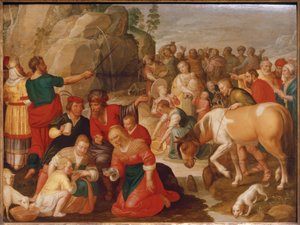 Mosè fa scaturire acqua dalla roccia da Adam van Noort
