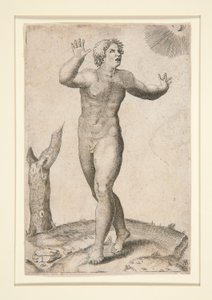 Un uomo nudo spaventato vedendo la luna e il sole nel cielo allo stesso tempo