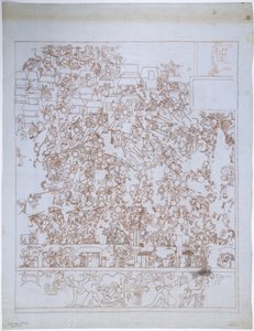 Copia di un dipinto murale, Tempio Superiore dei Giaguari, Estremità Sud, Parete Ovest, Tempio Superiore dei Giaguari, Chichen Itza, Messico da Adela Breton