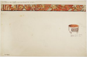 Bordo interno di un vaso a treppiede (che raffigura figure grottesche) e un vaso bianco con disegni contenuti in rettangoli