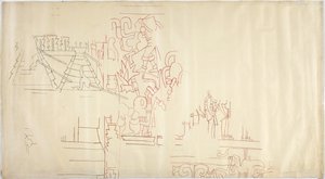Tracciato di un dipinto murale dalla Casa delle Monache, Chichen Itza, Messico, tracciato e inchiostrato in nero e rosso