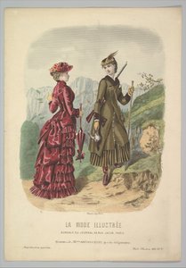 Una signora in costume da caccia con una signora in costume da passeggio su un sentiero di montagna da La Mode..., 1881 da Adèle Anaïs Colin