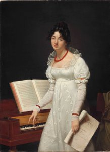 Ritratto di donna in piedi accanto a un pianoforte forte con in mano un manoscritto da Adele Romany