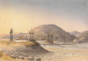 Ponte sospeso di cinghie di pelle (ma riparato con catena) sul Maypu, cinque leghe a sud di Santiago, Cile, 11 gennaio 1851