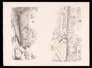 Villaggio della tribù Stang, Sarawak, Borneo; e un ponte di pali su un fiume dal West Indies, North American e Borneo scrapbook, c.1845