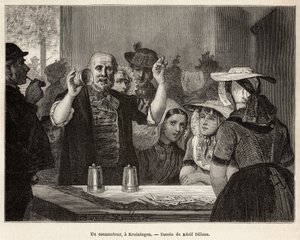 Un ritrattista, in una locanda a Kruiningen, si esibisce davanti a spettatori attenti, inciso dal disegno di Adolf Dillens, illustrando un viaggio in Zelanda (Paesi Bassi), nel 1873, di Charles de Coster, pubblicato in 